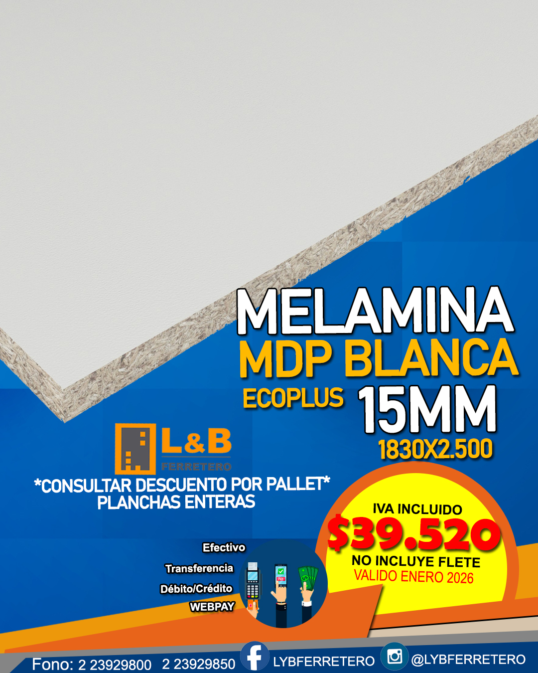 Melamina Masisa EcoPlus MDP Blanca 15mm 1830x2500