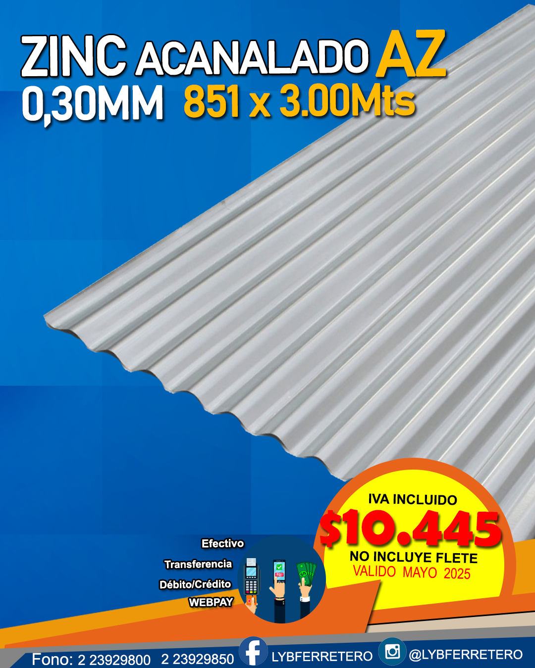 Zinc Acanalado AZ 0.30mm 851x3000