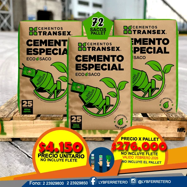 Cemento por Pallet (72 sacos)  TRANSEX Sacos  de 25 Kgs.
