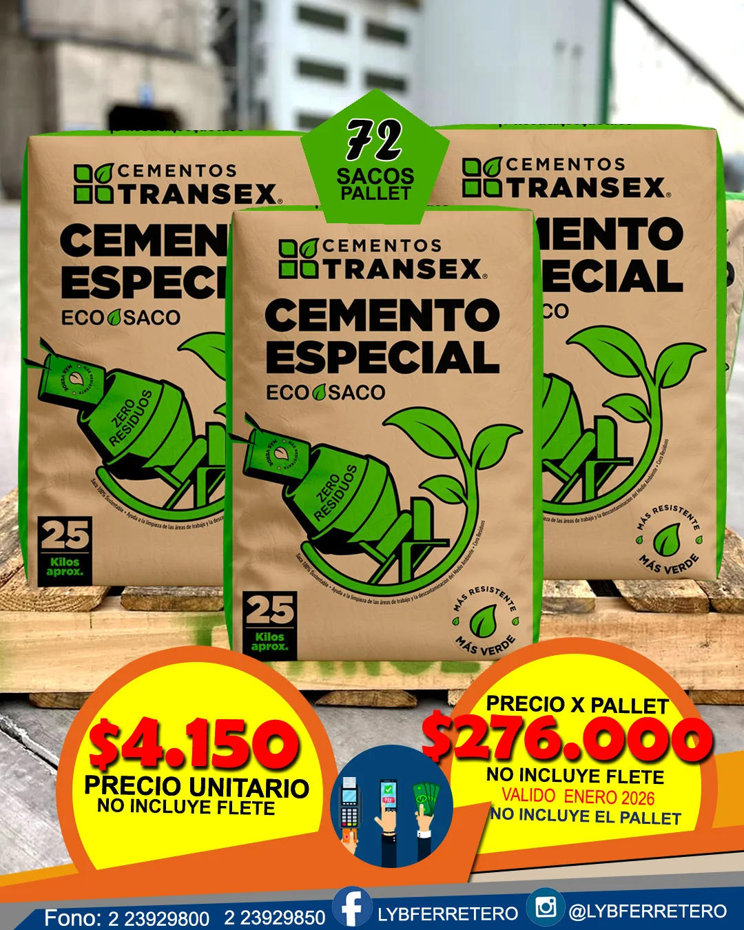 Cemento por Pallet (72 sacos)  TRANSEX Sacos  de 25 Kgs.