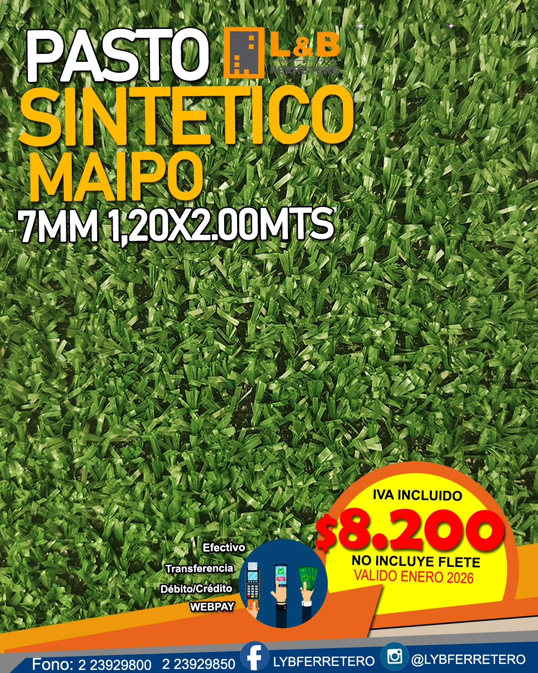 Pasto Sintético MAIPO ROLLO 7mm 1,2x2,0 mts